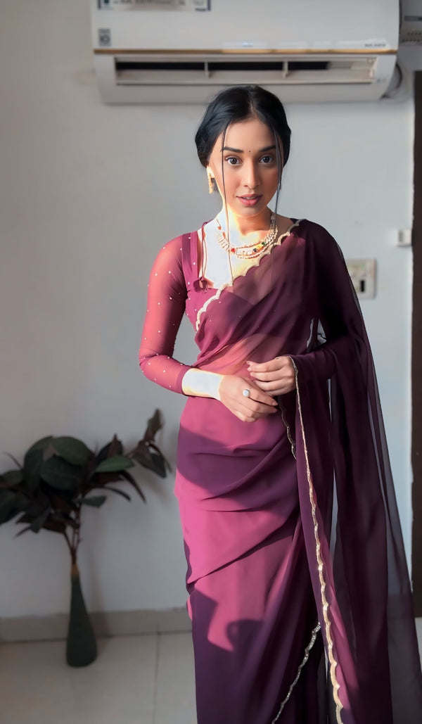 Wine Super Saree Georgette Embellished With Beautiful Handwork With Cutwork Border