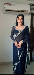1 - Minute Ready To Wear Blushing Rose Attire navy blue Silk Printed Saree