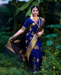 Royal Kanjivaram Golden Zari Woven Blue Silk Saree With Blouse Piece