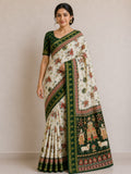 Temple-Tree Heritage Kalamkari Silk Saree with  Zari Border - GREEN