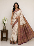 Classic Ivory Saree with Woven Zari Pallu - PURPLE