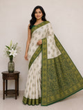 Classic Ivory Saree with Woven Zari Pallu - GREEN