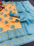 Premium Tissue Silk Kanjivaram Saree with Copper Zari - ORANGE & SKY