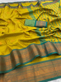 Premium Soft Banarasi Silk  Saree with Copper Zari & Rich Pallu | Contrast Blouse-YELLOW