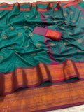Premium Soft Banarasi Silk  Saree with Copper Zari & Rich Pallu | Contrast Blouse-GREEN