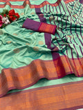 Premium Soft Banarasi Silk  Saree with Copper Zari & Rich Pallu | Contrast Blouse-SEA  GREEN