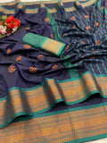 Premium Soft Banarasi Silk  Saree with Copper Zari & Rich Pallu | Contrast Blouse-BLUE