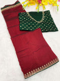 Elegant Vichitra Saree with Jharkan Border Work & Contrast Designer Blouse - RED