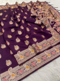 Elegant Kanjivaram Banarasi Soft Silk Saree with All Over Meena Work - WINE