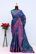 Royal Aqua Blue Banarasi Silk Saree with Contrast Purple Zari Border - BLUE