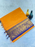 Mustard Gold Silk Saree with Blue Brocade Border  YELLOW