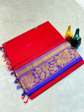 Mustard Gold Silk Saree with Blue Brocade Border  RED