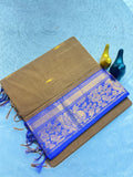 Mustard Gold Silk Saree with Blue Brocade Border  BROWN
