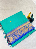 Mustard Gold Silk Saree with Blue Brocade Border  SKY BLUE