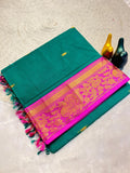 Mustard Gold Silk Saree with Blue Brocade Border  RAMA