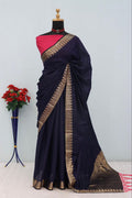Majestic Emerald Green Traditional Silk Saree with Intricate Temple Zari Weaving - NAVY BLUE
