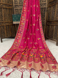 Elegant Soft Silk Pink Saree with Pashmina Work & Contrast Blouse