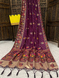 Elegant Soft Silk Wine Saree with Pashmina Work & Contrast Blouse