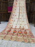 Elegant Soft Silk white  Saree with Pashmina Work & Contrast Blouse