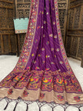 Elegant Soft Silk Dark Purple Saree with Pashmina Work & Contrast Blouse