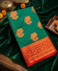Elegant Ivory Floral Banarasi Silk Saree with Copper Zari Border - GREEN
