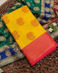 Elegant Ivory Floral Banarasi Silk Saree with Copper Zari Border - YELLOW