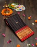 Royal  Kanjivaram Silk Saree with Elegant Checks & Zari Border - BLACK