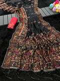Royal Soft Silk Saree with Intricate Pashmina Work & Contrast Butti Blouse - BLACK