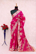 Olive Green Traditional Woven Silk Saree - PINK