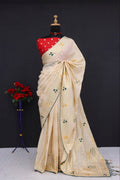 Olive Green Traditional Woven Silk Saree - CREAM