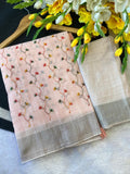 Blush Blossom Embroidered Linen Elegance Saree - PEACH