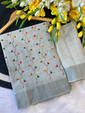 Blush Blossom Embroidered Linen Elegance Saree - GREY