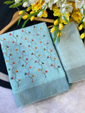 Sky Blue Hand-Embroidered Floral Dress Material