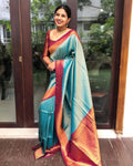 Wedding Wear Kanjivaram Woven blue Silk Saree With Blouse Piece