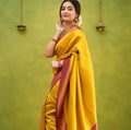 Wedding Wear Kanjivaram Woven yellow Silk Saree With Blouse Piece