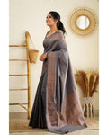 Beautiful Kanjivaram Woven Grey Silk Saree With Blouse Piece