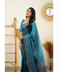 Beautiful Kanjivaram Woven Blue Silk Saree With Blouse Piece