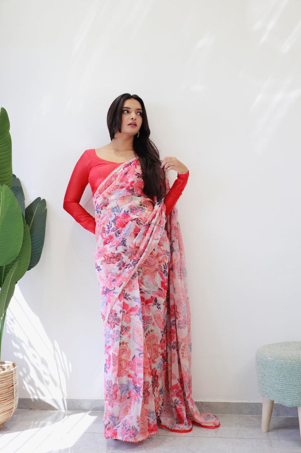 Magnificat 1-Minute Ready To Wear Pink Georgette Saree