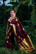 Royal Kanjivaram Golden Zari Woven  Brown Silk Saree With Blouse Piece