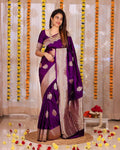 Royal Kanjivaram Golden Zari Woven Purple Silk Saree With Blouse Piece