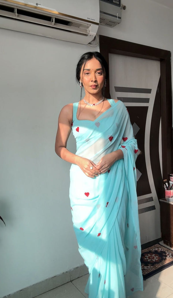 Enamoring 1-Minute Ready To Wear Sky Georgette Saree