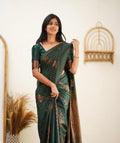 Wedding Wear Kanjivaram Woven Green Silk Saree With Blouse Piece