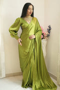 1-Min Satin Ready To Wear Saree Green With Blouse Piece
