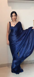 1-Min Satin Ready To Wear Blue Saree With Blouse Piece