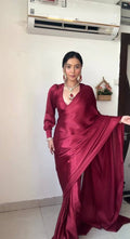 1-Min Satin Ready To Wear Maroon Saree With Blouse Piece