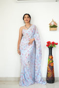 Extraordinary 1-Minute Ready To Wear sky-blue Printed Satin Silk Saree