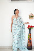 Extraordinary 1-Minute Ready To Wear ocean-blue Printed Satin Silk Saree