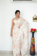 Extraordinary 1-Minute Ready To Wear white Printed Satin Silk Saree