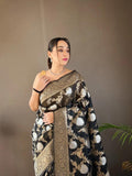 Pretty Black Color Banarasi Silk Zari Weaving black Saree With Blouse Piece