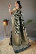 Pretty Black Color Banarasi Silk Zari Weaving green Saree With Blouse Piece
